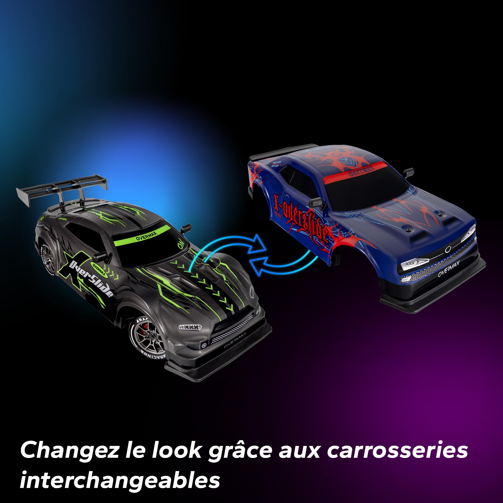 Overmax X-OVERSLIDE Voiture RC Drift Télécommandée, Voiture pour Enfants 8+, 1:16, 20 km/h Portée jusqu'à 80 m, 4WD, 2 Batteries 500 mAh, Roues et Obstacles, Boîtier Supplémentaire