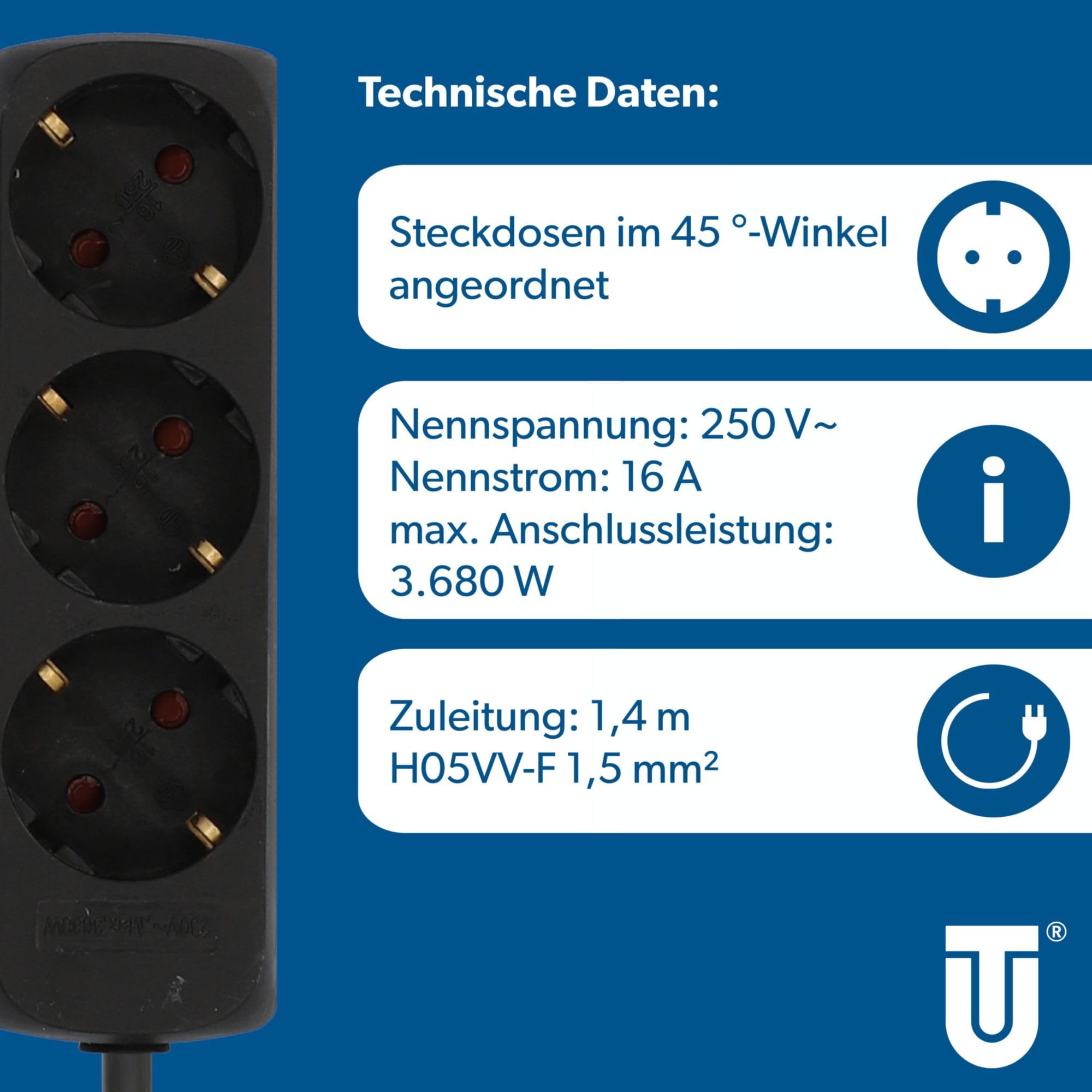 UNITEC Gniazdko stołowe, potrójne, listwa zasilająca, przewód zasilający 1,4 m, kolor czarny