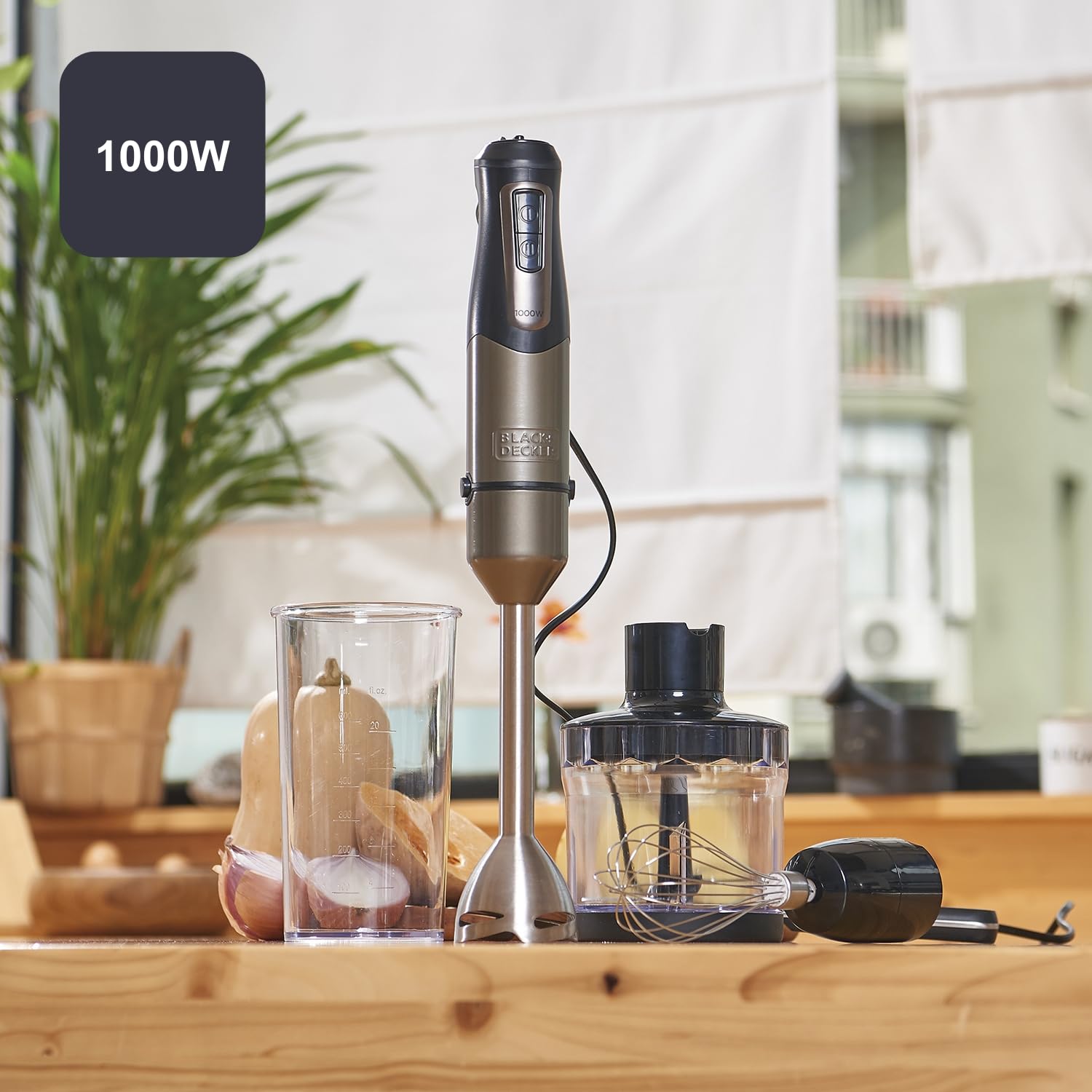 BLACK+DECKER - Frullatore a Immersione 1000W | 20 velocità + TURBO | Lame in acciaio inossidabile smontabili | Tritaghiaccio | Impugnatura ergonomica | set completo di accessori intercambiabili