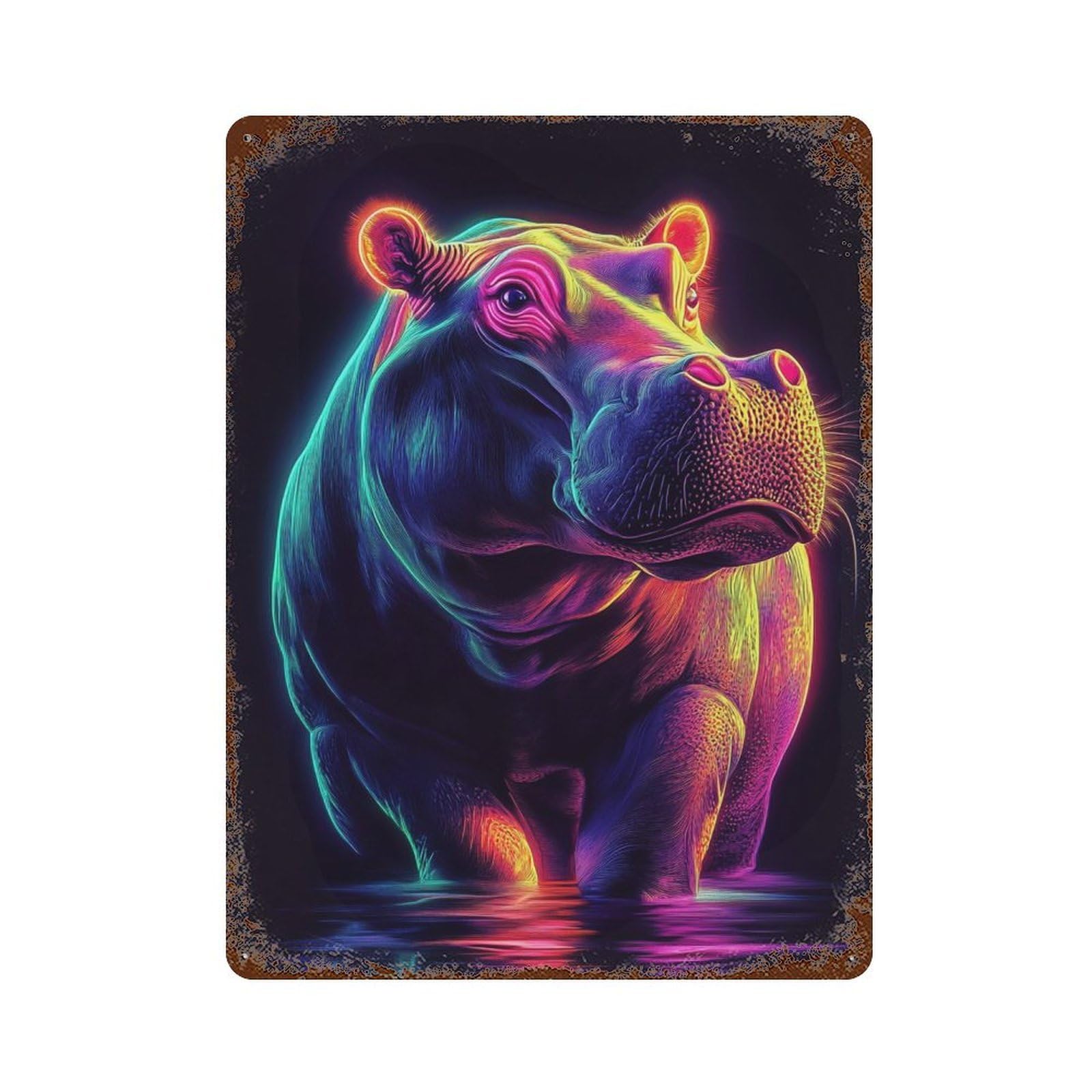 Neon Hippo Art Print-1 Rusty Metal Tin Sign 15.7"x11.8", for Pub, Kitchen And Man Cave Decor, Novelty Wall Decor