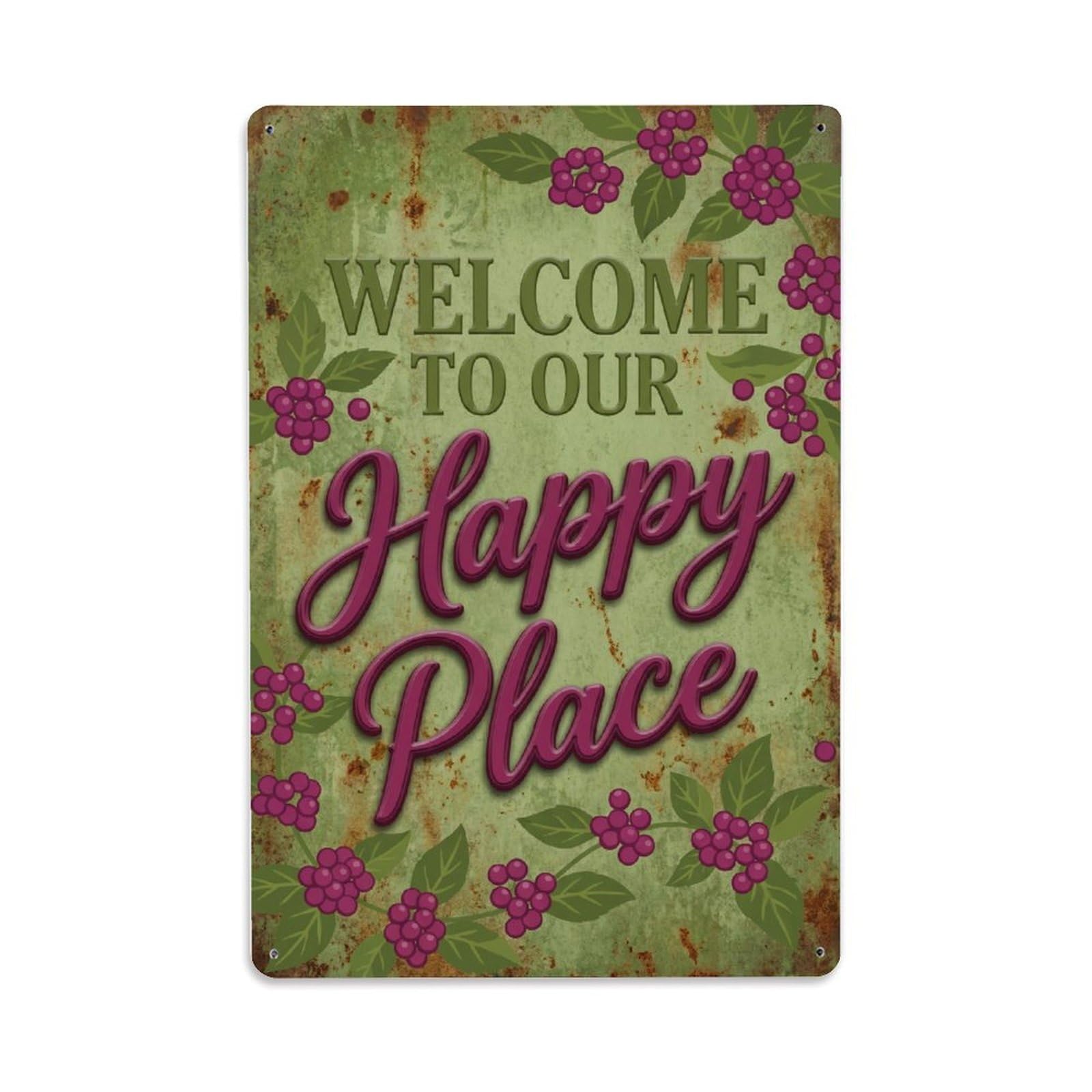 Fqnyr Style Welcome To Our Happy Place Beautyberry Grove Metal Tin Sign Plaque Wall Decor For Cafe, Club Bar, Office, Home Garden Metal Poster 8X12inch