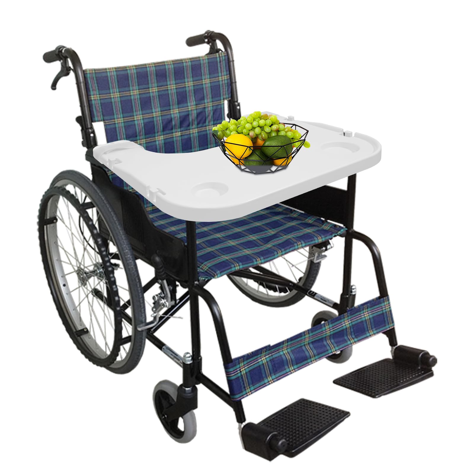 Tablett für Rollstuhl mit Becherhalter, ABS Kunststoff Rollstuhl Schoßtablett, Abnehmbar, Einfach zu Installieren, Rollstuhl Tablett Gesamtbelastbarkeit 80kg, 58 * 53cm (Weiß)