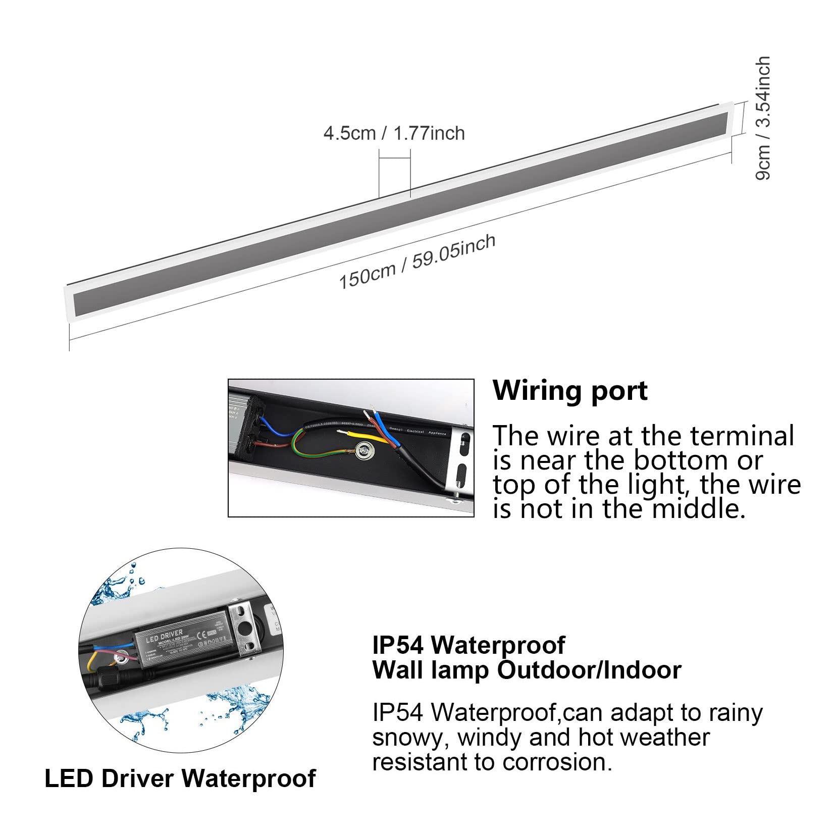 Klighten LED Wandleuchte Lange Wandlampe IP54 Dunkelgrau Wasserdicht Innen und Außenbereich Eisen-Acrylplatte Wandbeleuchtung für Gärten Villa, Terasse, Korridor, 150CM/45W，Warmweiß 3000K