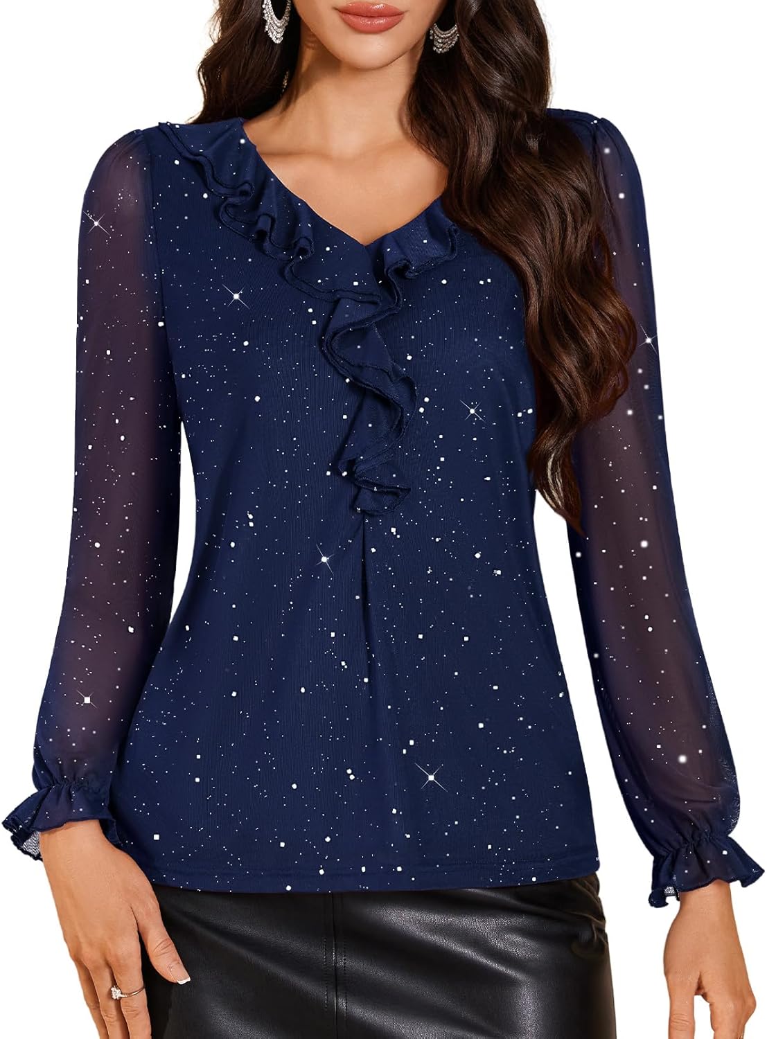 DRESSTELLS Women's Sequin Tops Ruffle V Neck Long Sleeve Double Layers Mesh Sparkly Blouses for Party