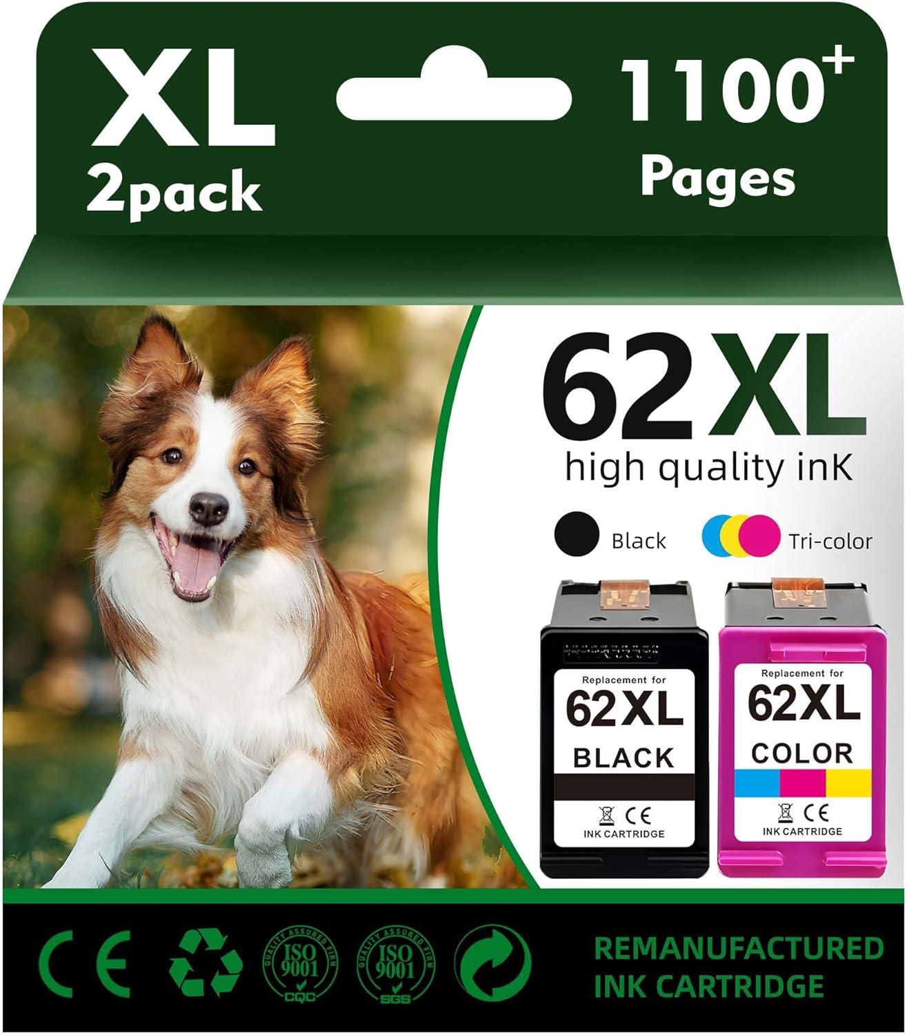 62XL Ink Cartridge Black and Color Combo Pack High Yield Upgraded Chip Vacuum Sealed Compatible for HP Envy 7645 5540 7640 5660 OfficeJet 5740 5741 8040 OfficeJet Mobile 200 250 (2 Pack)