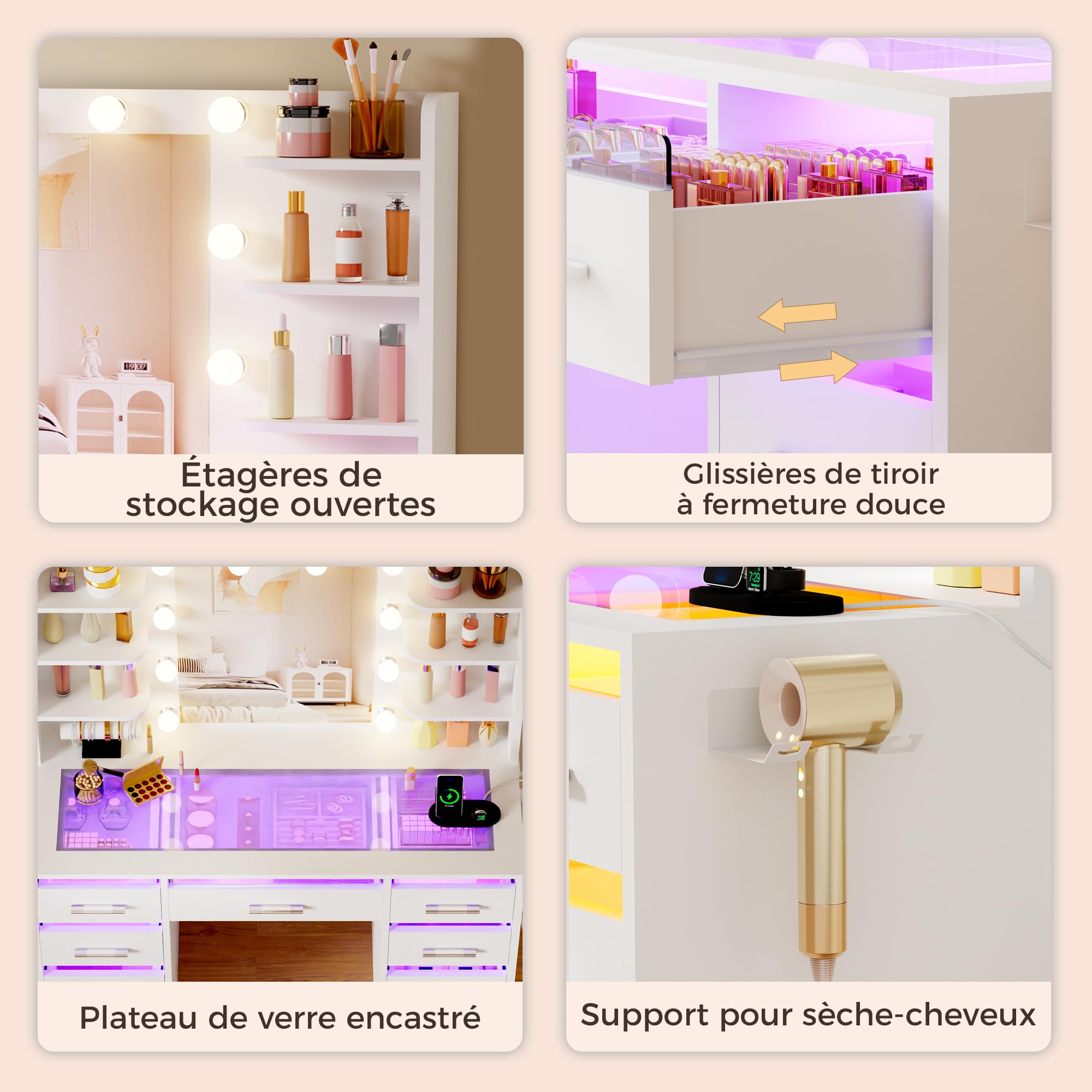 Grande Coiffeuse avec Miroir LED et Éclairage RGB,Plateau en Verre
