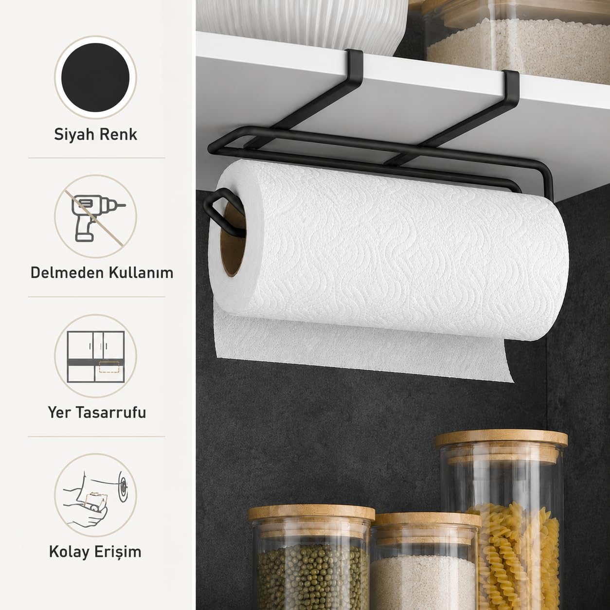 Alper Banyo Pratik Solo Havluluk Siyah, Dolap Altı Kağıt Havlu Tutucu, Delmeden Montajlı Mutfak Rulo Havluluk, Askılı Metal Düzenleyici
