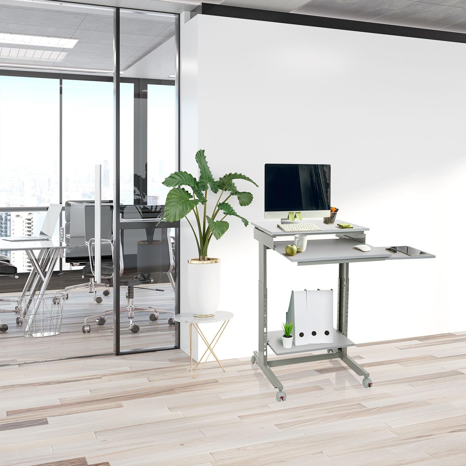 HJH Office 830021 Scrivania salvaspazio con Ruote WORKSTATION Scrivania Regolabile in Altezza, Tavolo da Lavoro Mobile, Standing Desk per Ufficio