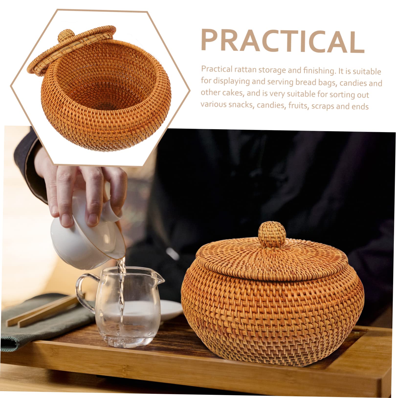 GLEAVI Woven Rattan Storage Basket with Lid Stylish Sundries and Kitchen Organizer for Bread Fruits and Snacks for Home Decor and