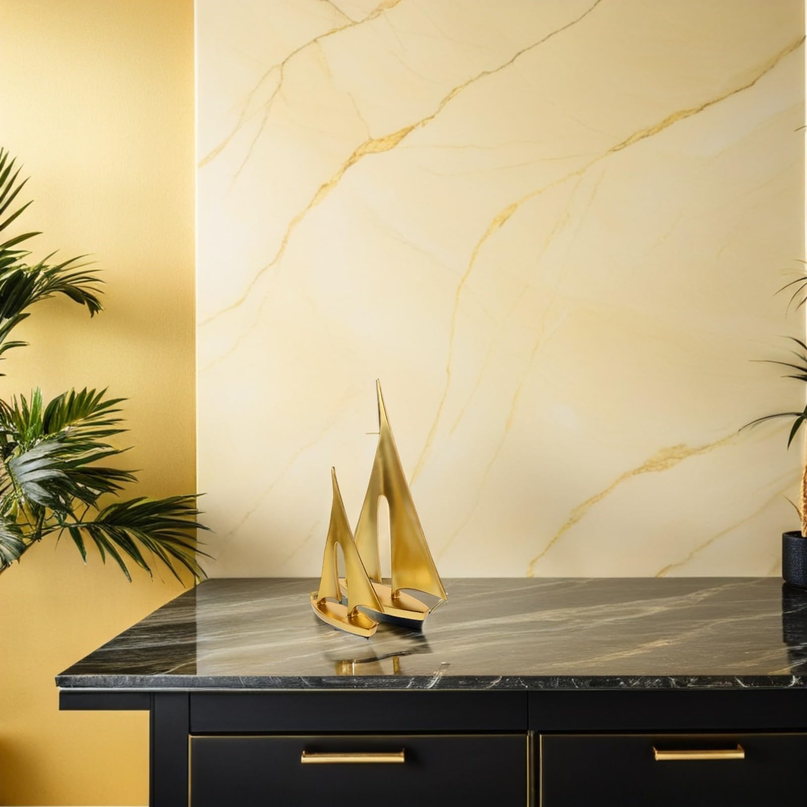 Escultura de Barco de Vela Dorado en Resina 2piezas, Decoración Moderna Náutica para Sala de Estar y Mueble, Diseño Elegante y Duradero