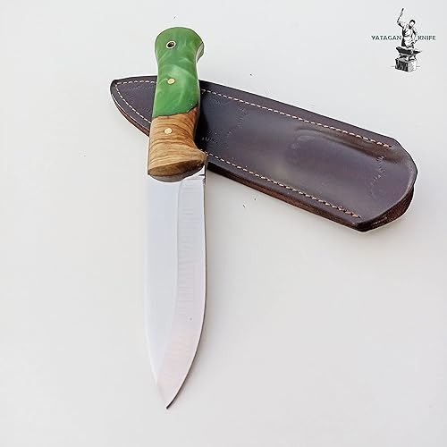 Cuchillo de bushcraft hecho a mano con mango epoxi con funda de bolsillo perfecta, punta de lanza hecha a mano, cuchillo de caza, hoja de espiga