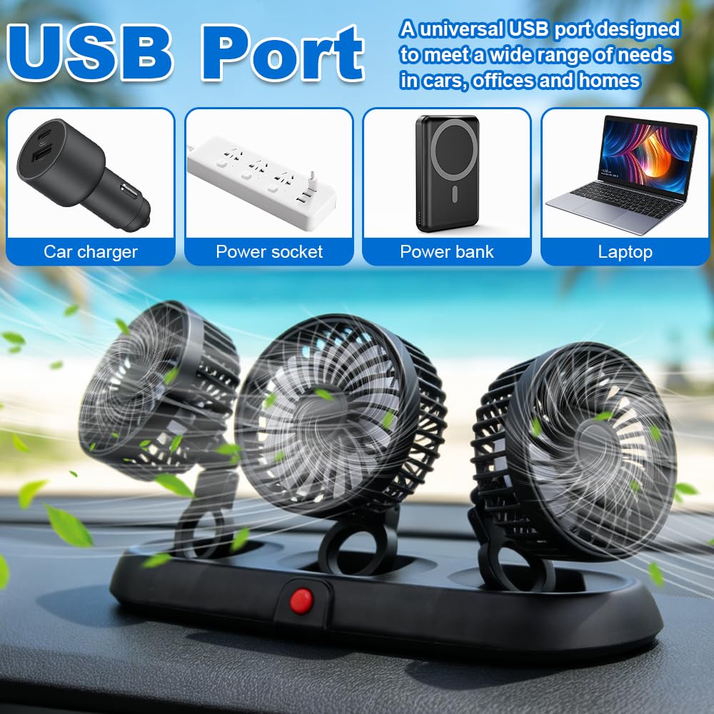 Auto Ventilator USB 5V, Afenau 3-Poliger Ventilator Auto mit 3 Speed, 360 Grad Drehbar, Tragbar Autoventilator, Starker Wind Ventilator für Auto SUV LKW (USB 3-Poliger, Weiß)