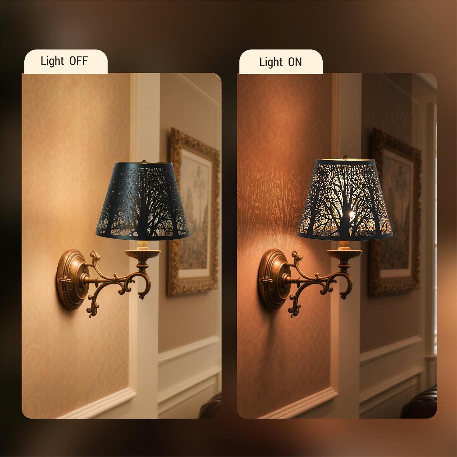 Top 6", Bottom 10", Height 7.5" Iamp Shades for Table lamps Set Of 2, Modern Metal Tree Shadow lamp Shades with Gold Inner, Hollow Out Design, Replacement Shade for Desk Lamp,