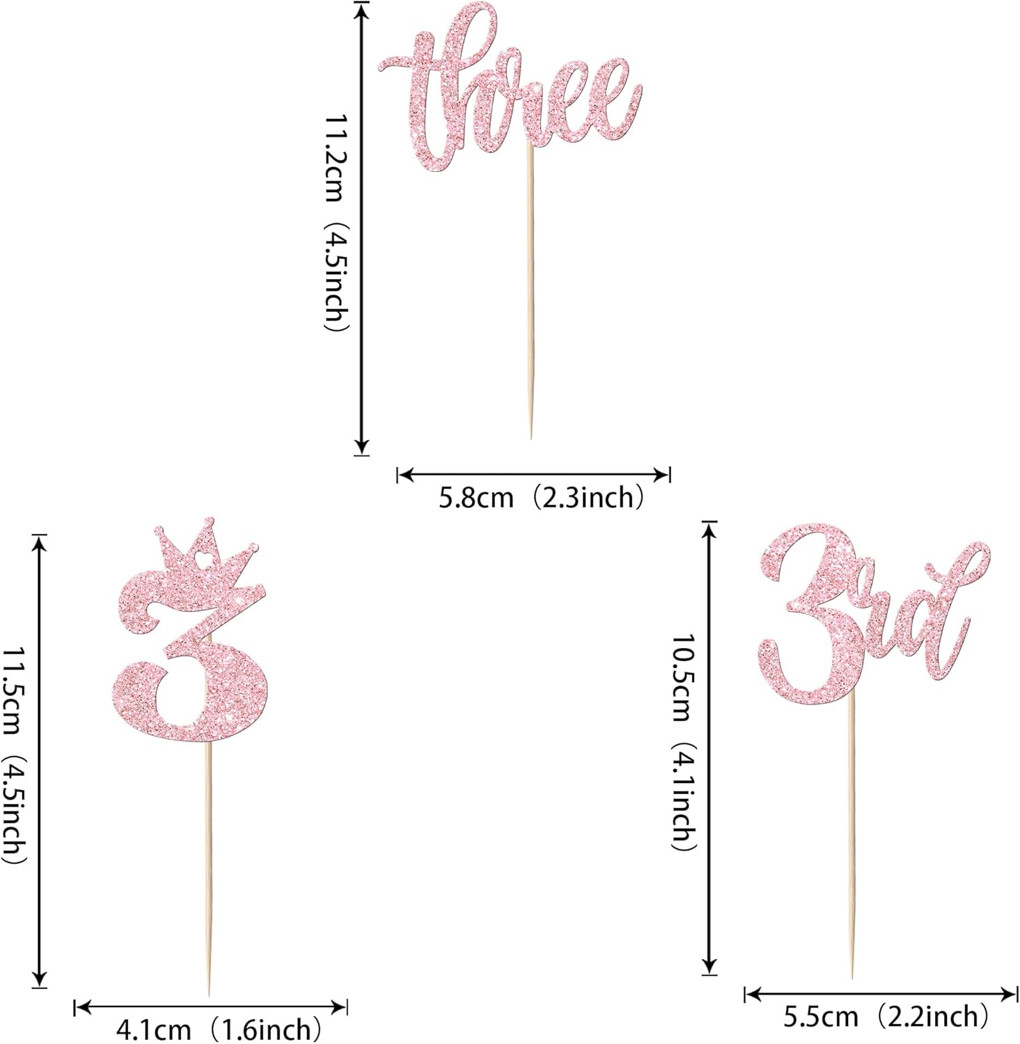 24 Pack Three Cupcake Toppers Glitter Happy 3rd Birthday Picks Crown Cake Decorations for Third Baby Shower Anniversary Party Supplies Pink