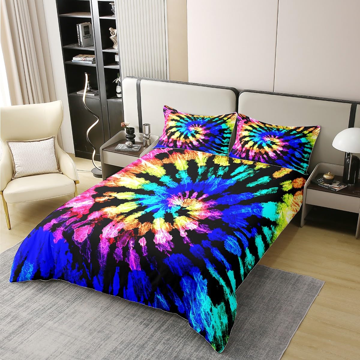 Loussiesd Tie Dye 100% Cotton Duvet Cover King Size 1 Panel Boho Hippie Decorative 100% Cotton Duvet Cover Trippy Tie Dyed Bohemian Gypsy Purple Colorful Bedspread - Image 3