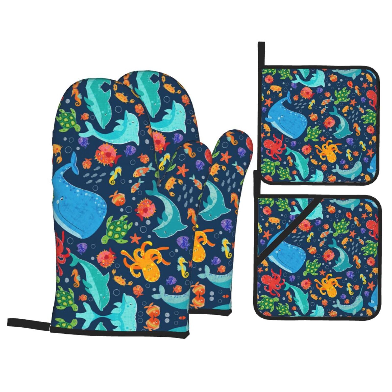 Ocean whale fish octopus Print Stylish 4-Piece Microwaving Oven Waterproof Kitchen Gloves Baking Holiday Cooking