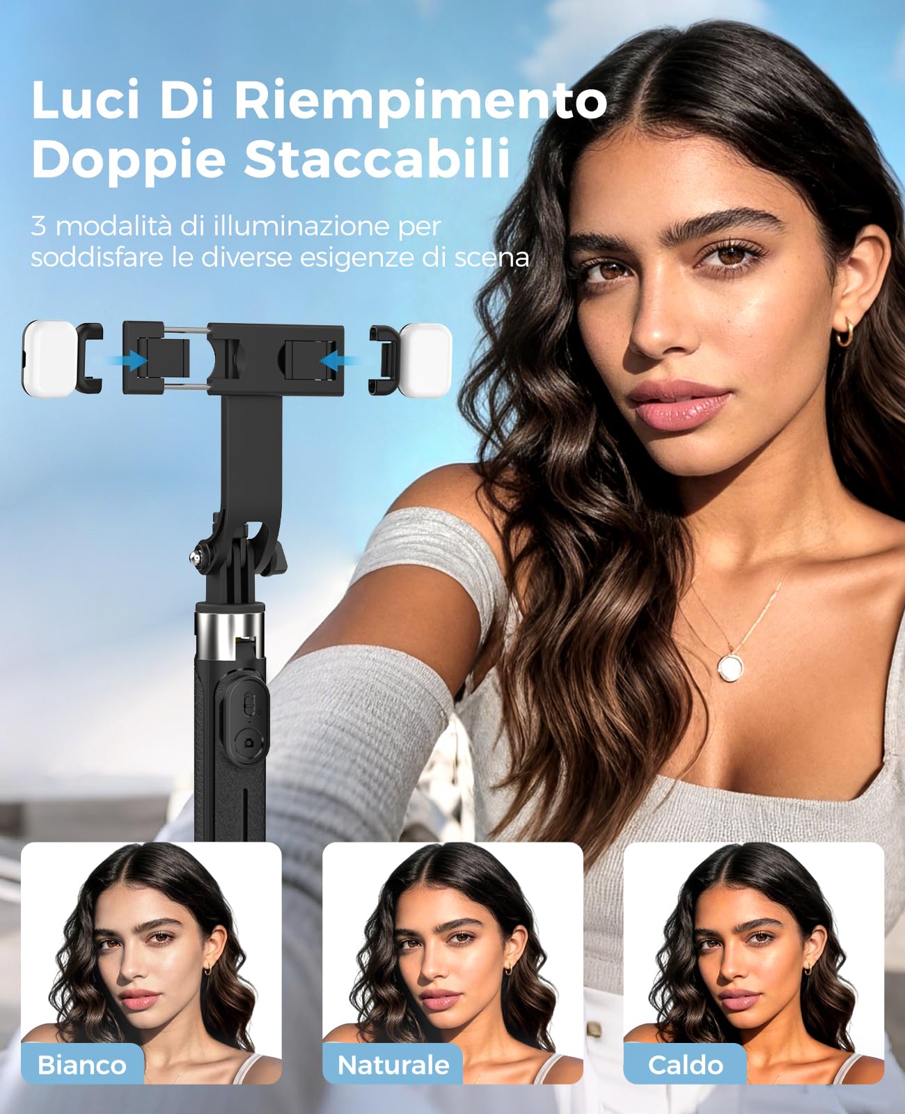 RISEOFLE 110cm Bastone Selfie Treppiede con 2 Luci di Riempimento, Treppiede per Smartphone Portatile Estensibile con Telecomando Wireless, Selfie Stick Compatibile con iPhone/Samsung/GoPro/Camera