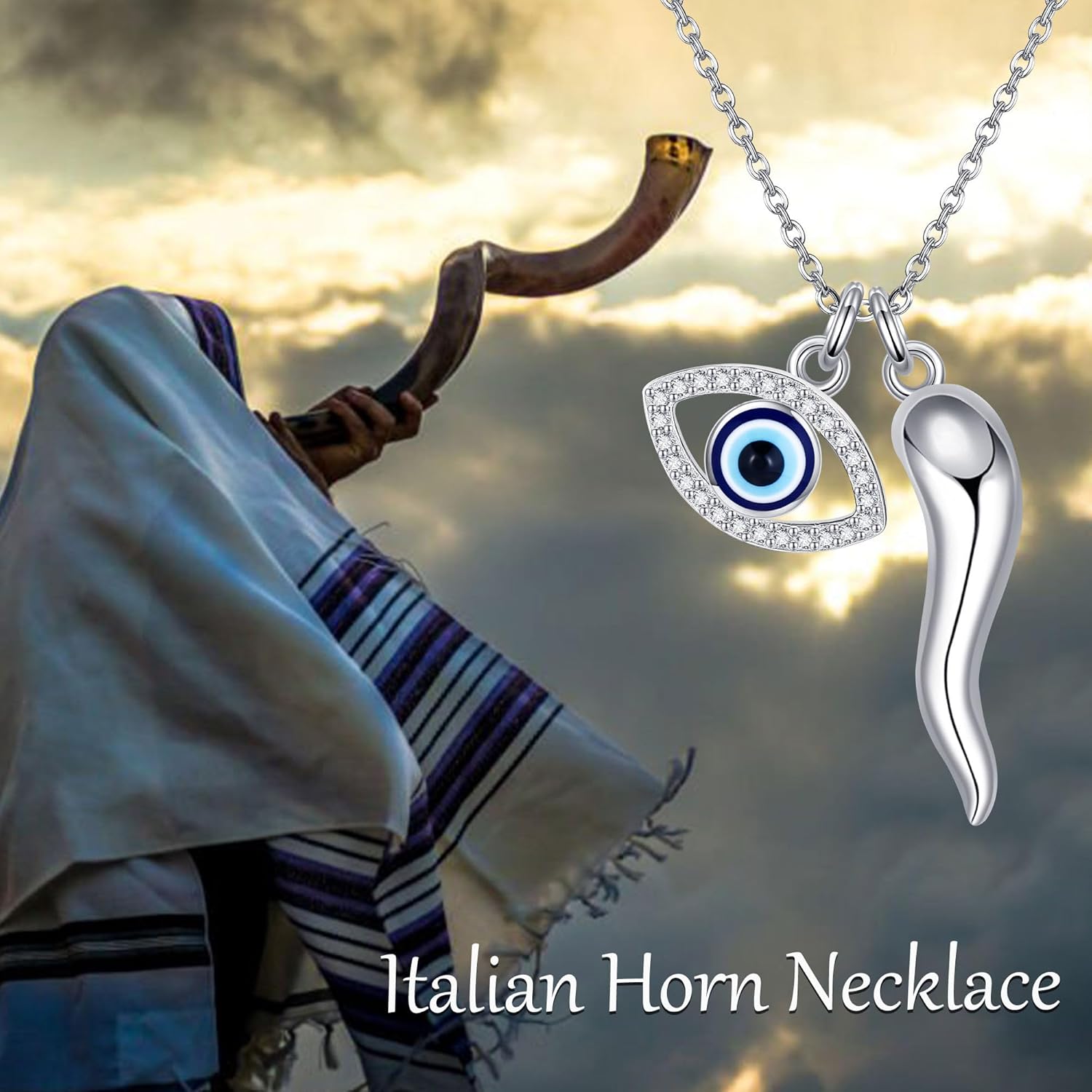 Evil Eye Necklace Sterling Silver Italian Horn/Hamsa Hand Fatima/Lotus Flower Pendant Necklace Third Eye Jewelry for Women - Image 6