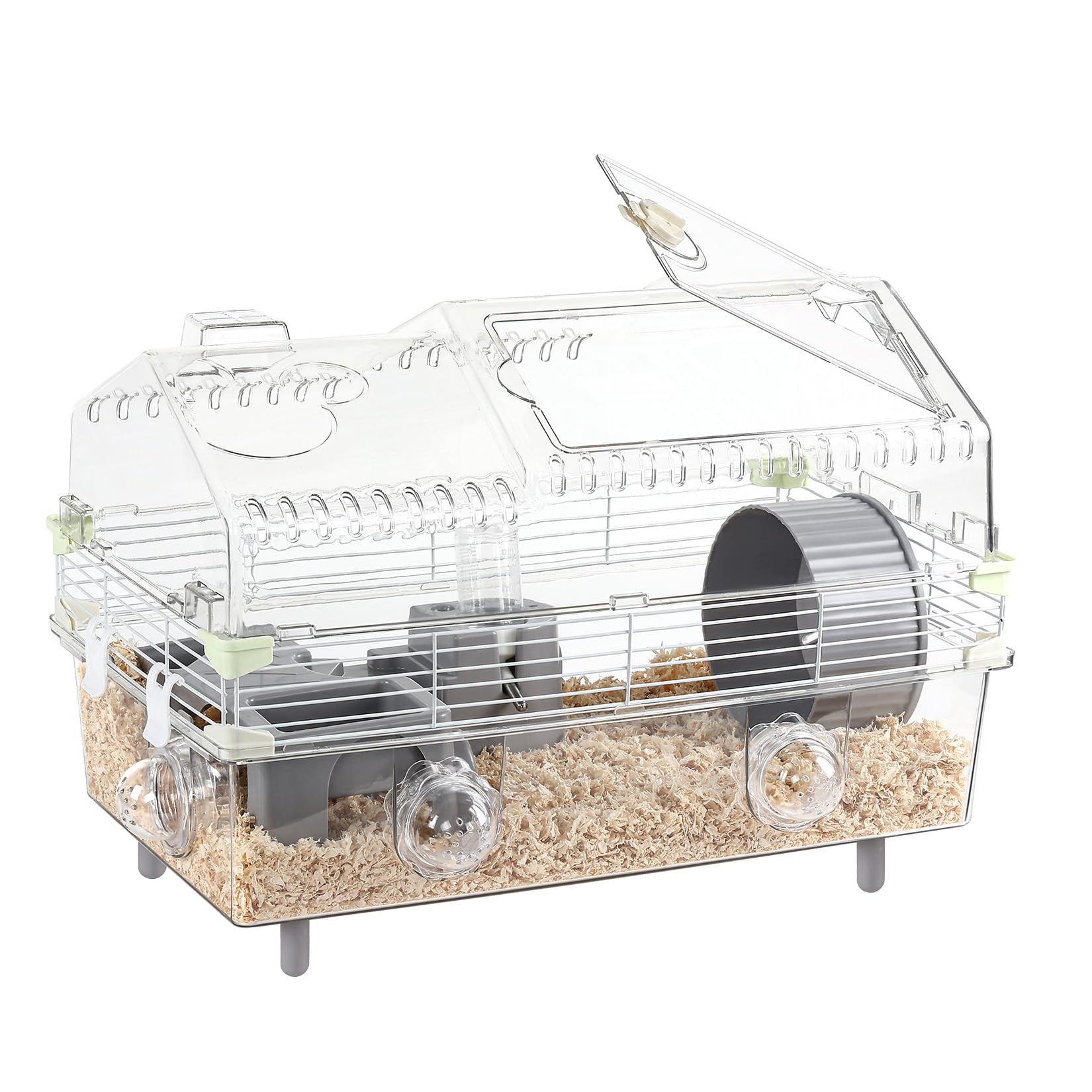 Hamsterkäfig-Set, 55,9 cm L x 30,5 cm B x 38,1 cm H, mit Kombination aus Badewanne und Futternapf und Stufen, φ15 Zoll Laufrad, Wasserflasche, Sonnendach, abschließbare Tür, transparent/grau