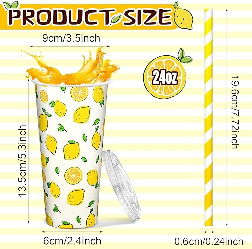 Miniatura 2 de Tessco 150 piezas50 juegos de vasos de limonada con tapas y pajitas de papel, taza de papel desechable de 12 onzas para café helado, tazas de papel