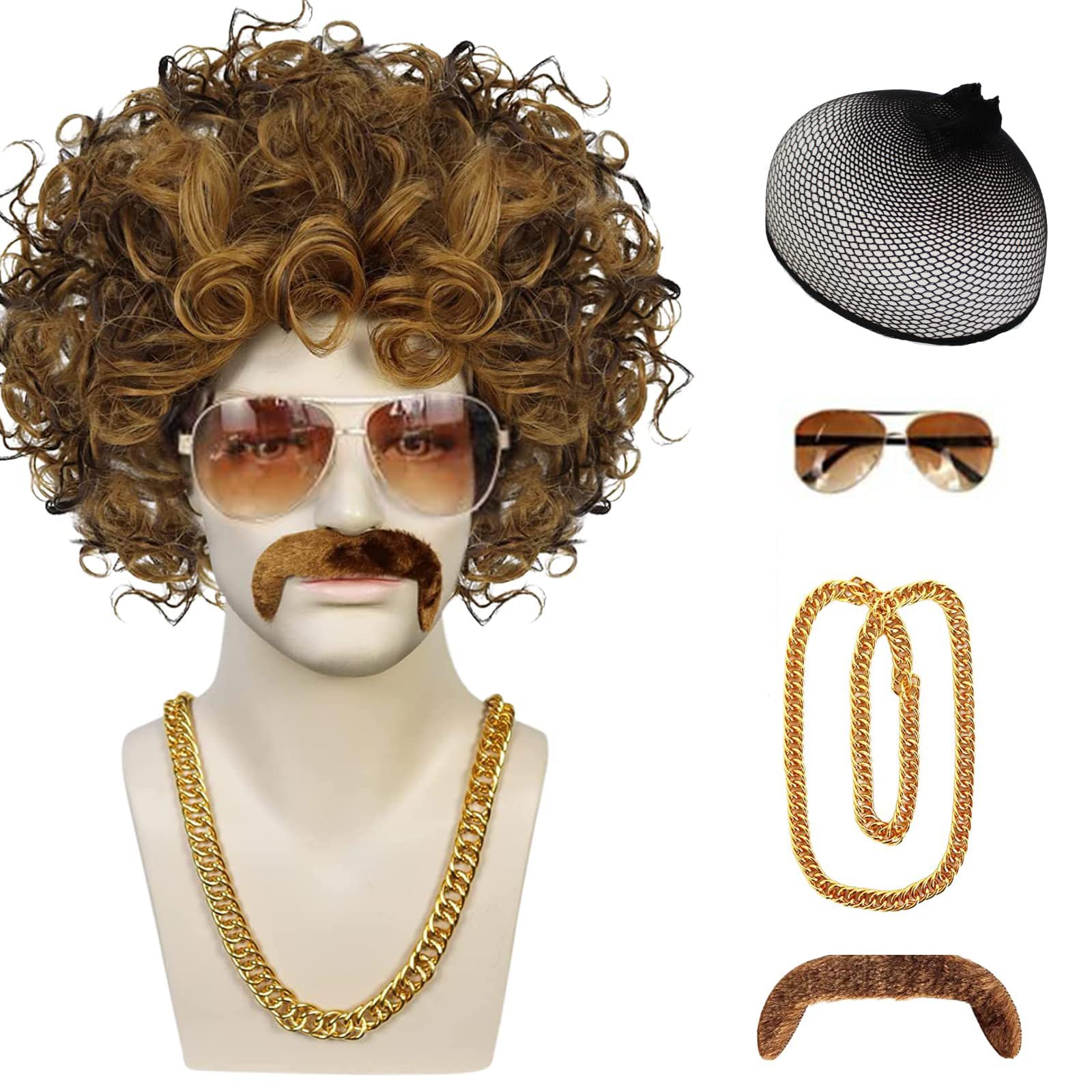 70s 80s Disco wig with Mustache Glasses Necklace Mustache and Wig Cap,Short Curly Afro Mens Wig Natural Fluffy Synthetic hair Wig for Halloween Chrismas Cosplay Party(Brown)