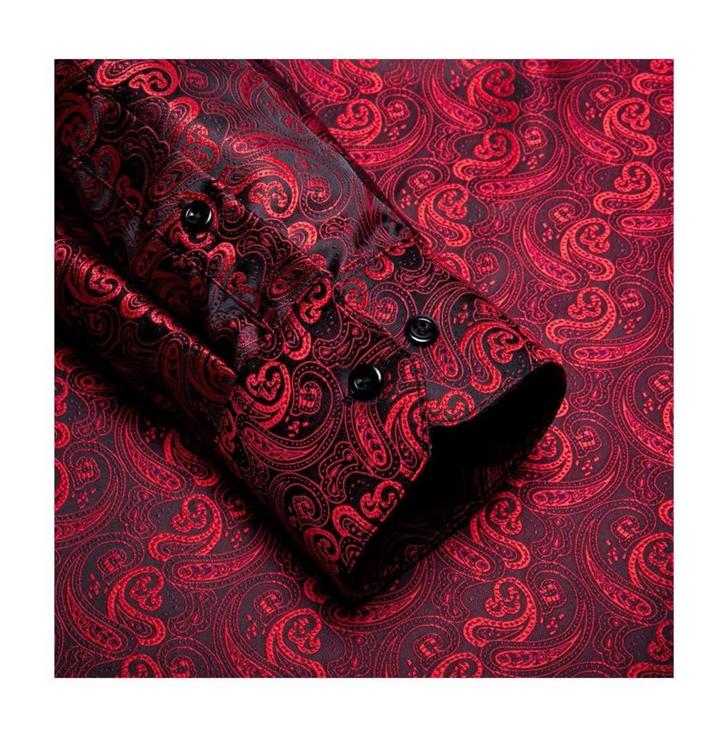 Langarm-Seidenhemden für Herren, männliches Outwear-Hemd, schmale Passform, florales Paisleymuster, goldfarben, blau, rot, lila, burgunderrot