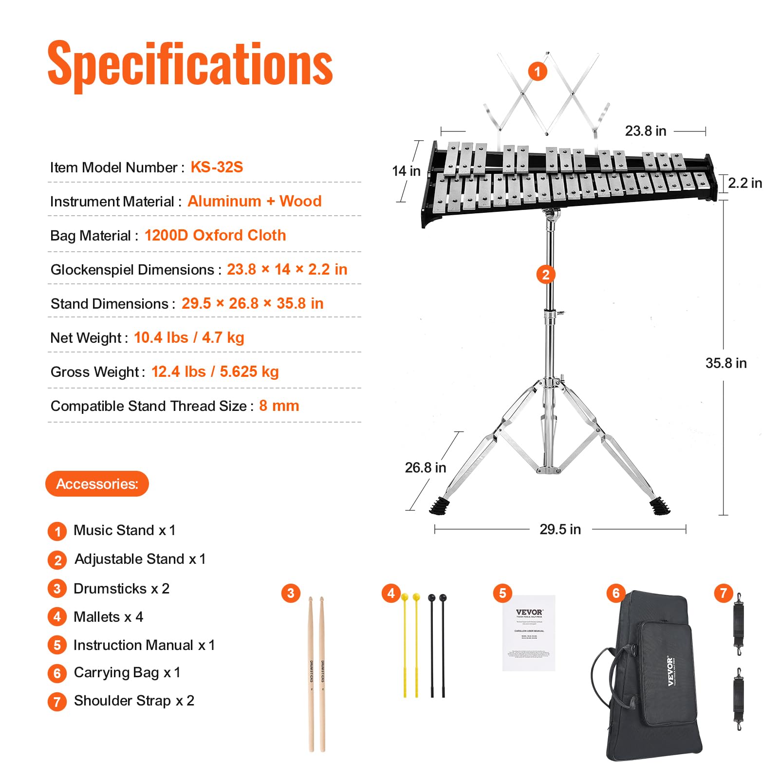 VEVOR Zestaw do ksylofonu Glockenspiel z 32 notatkami, profesjonalny instrument perkusyjny z młotkami, pałeczkami, regulowanym wspornikiem, torbą do przenoszenia, zestaw instrumentów edukacyjnych dla