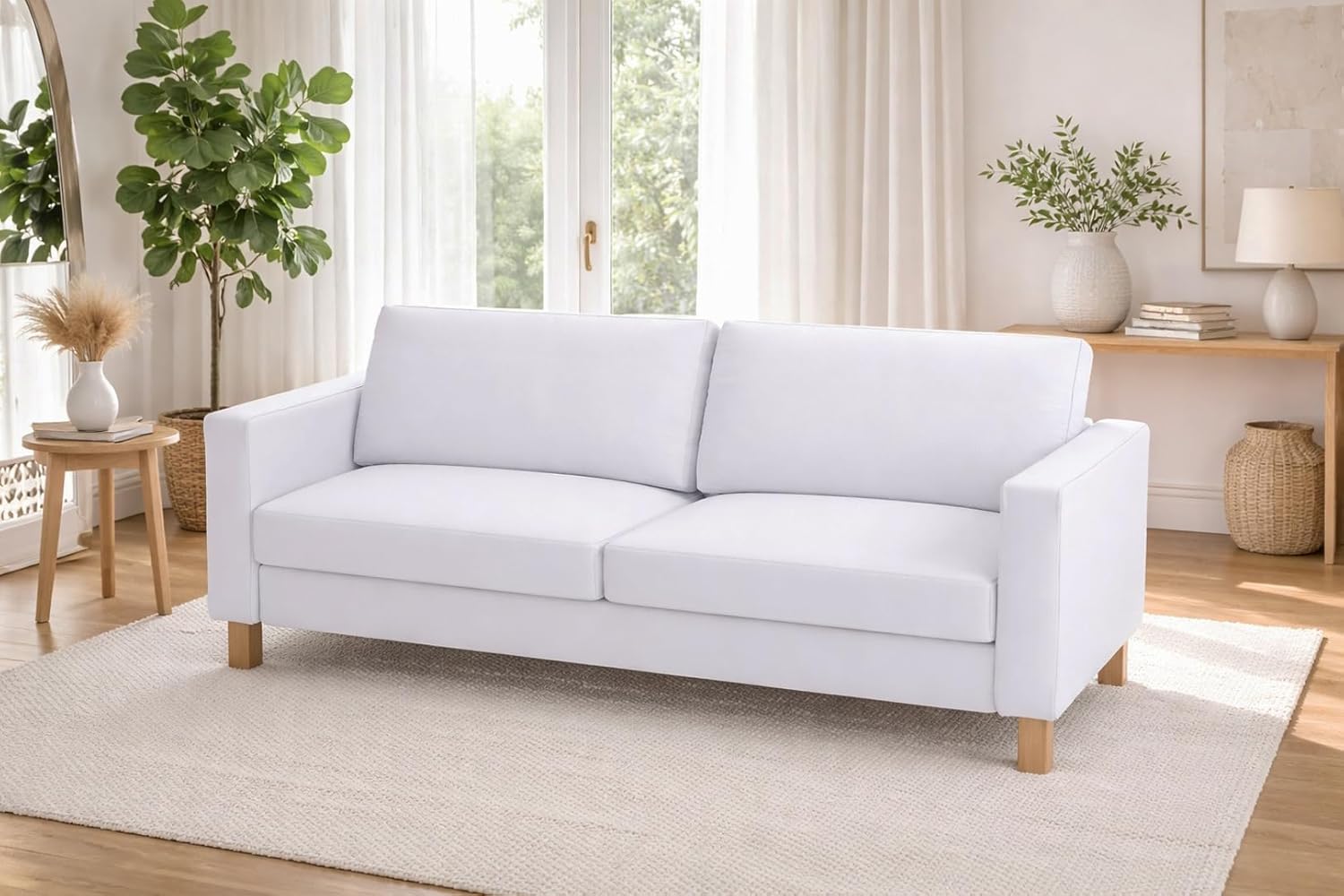 Sofa Cover Only. Durable Cotton Karlstad Three Seat (Not Loveseat) Sofa Cover (Width: 205CM) Replacement is Made for IKEA Karlstad 3 Seater Slipcover (White Cotton)