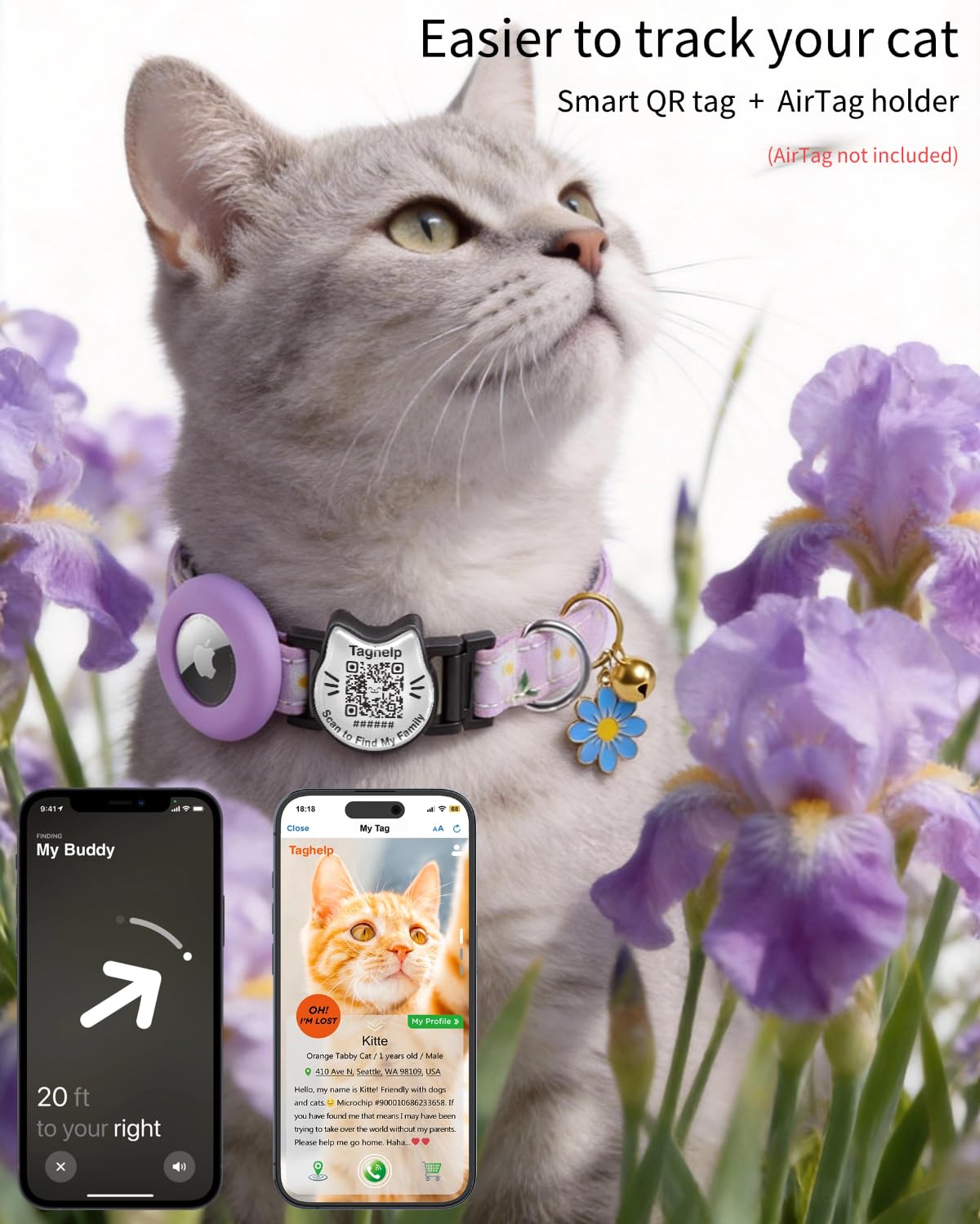 Smart Breakaway Katzenhalsband mit QR-Code, integrierter AirTag-Halter, verstellbares Baumwoll-Katzenhalsband mit Glocke für Kätzchen und erwachsene Katzen, ländlicher Stil mit Airtag-Halter (lila)