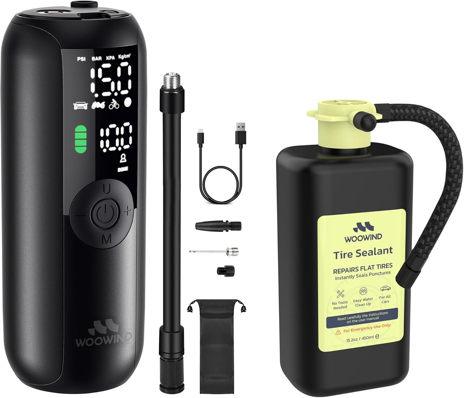 Woowind Tire Repair Kit with Tire Sealant & Portable Tire Inflator, 150 PSI Cordless 12V DC Bike Pump, Emergency Air Pump for Tires with LED Display & Light for SUV Offroad Truck Bike Motorcycle