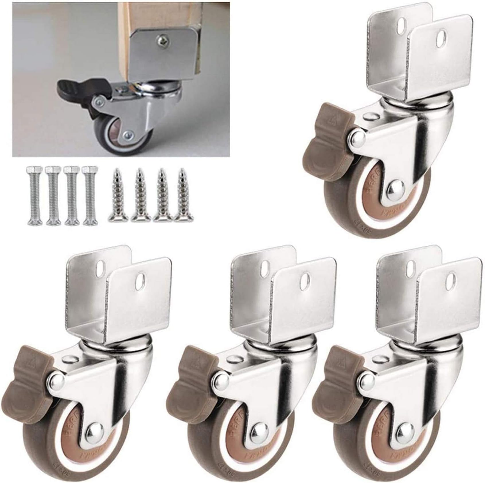 2" Caster Wheels with Safety Dual Locking,50mm Small Rubber Castor Wheels with U-Shaped Bracket,Furniture Swivel Castors for Baby Bed,Load 75Kg,4Pcs,with Screw(brake20mm/0.8in)