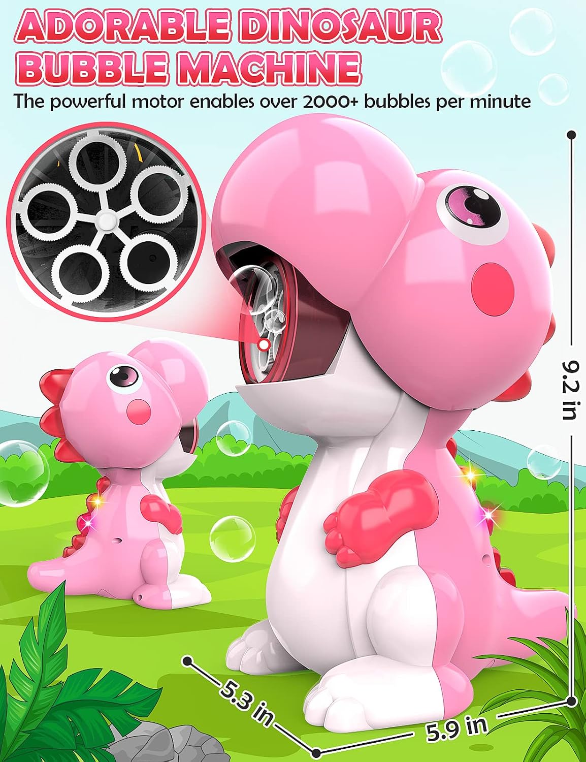 EduCuties Bubble Machine for Toddlers, Automatic Dinosaur Bubble Toys Blower Maker with Solutions for Kids Ages 4-8 Outdoor Toy for 3 4 5 6 Girls Birthday Gift Present-Pink