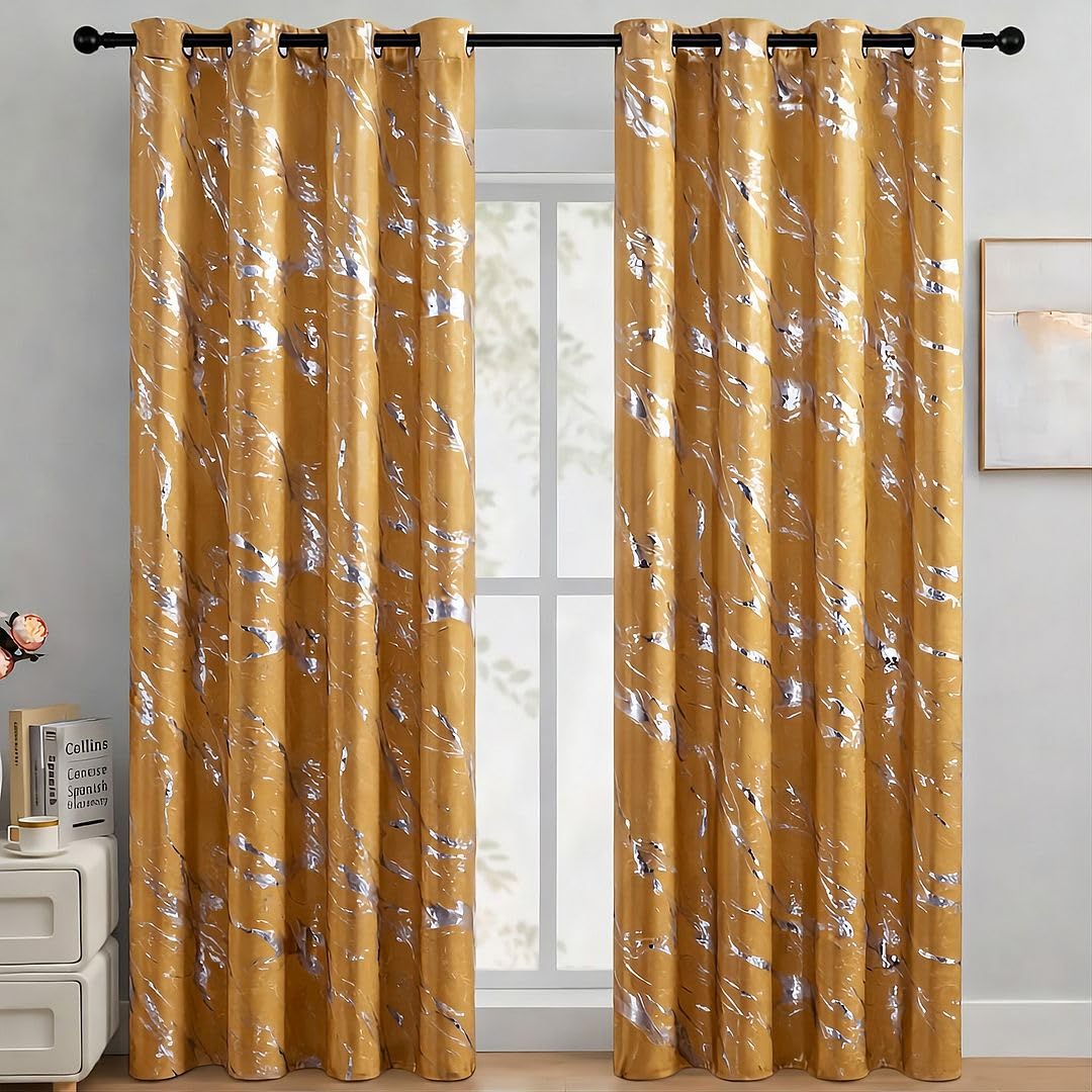 John Aird Blackout Curtains Eyelet Silver Foil Marble Effect On Ochre Thermal Curtain (Ochre/Silver, 46" Width x 54" Drop) โ image 1
