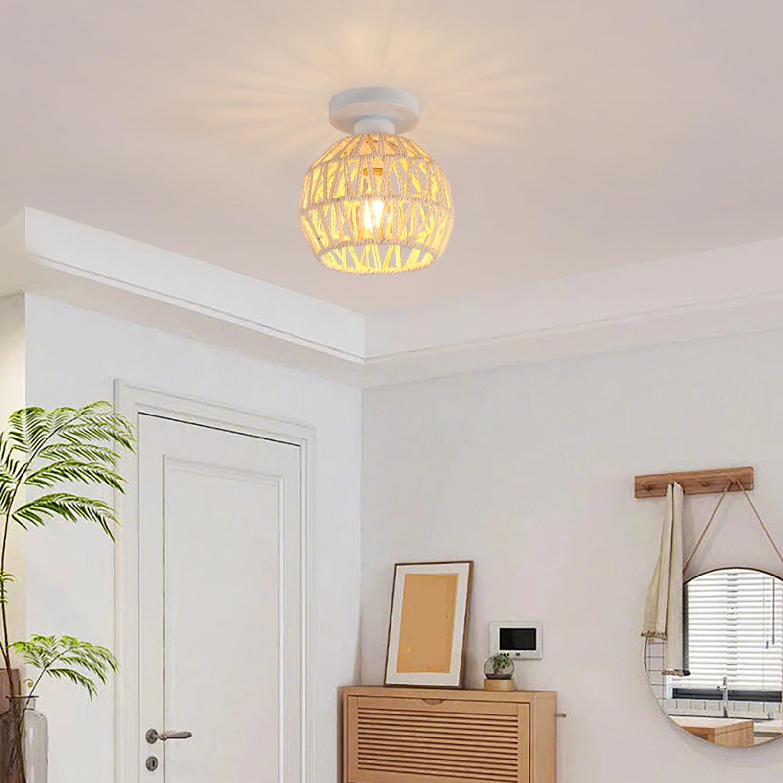 Lot de 2 Plafonnier Vintage E27 Lampe de Plafond Rétro Abat-jour en Métal et Rotin Luminaire Plafonnier Blanc pour Chambre à coucher Cuisine Couloir, Ø16cm