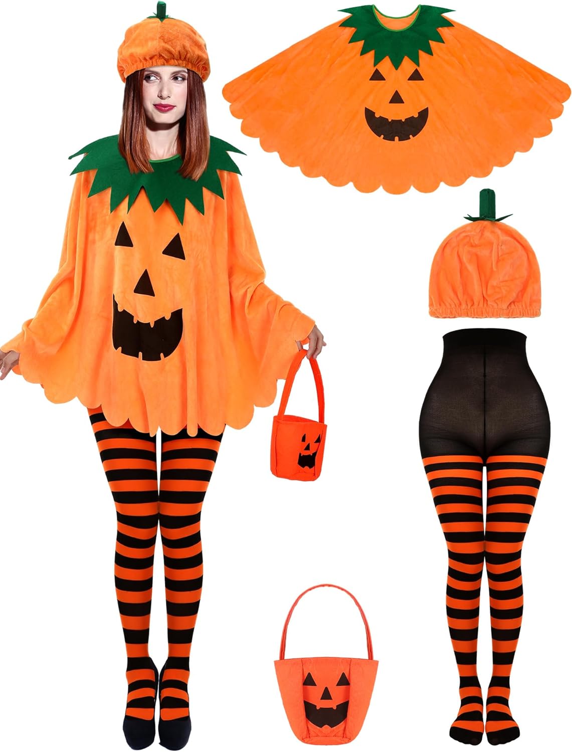 Funtery 4 Pcs Halloween Adult Pumpkin Costume Set Pumpkin Cloak Poncho with Candy Bag Funny Hat Striped Tights for Women Party Cosplay Clothes Multicolor