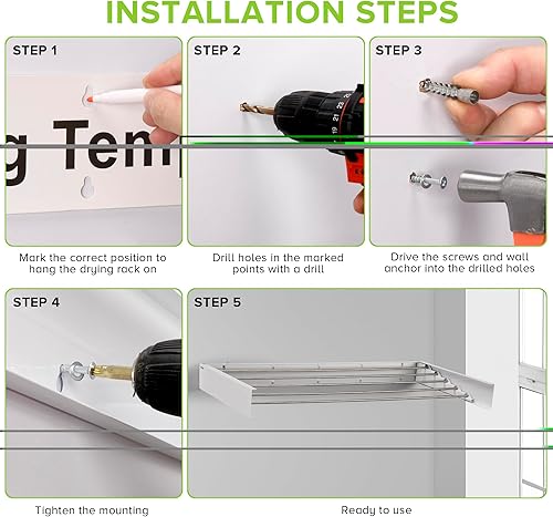 Miniatura 5 de Estante de Secado de Ropa Montado en la Pared, Estante de Secado de Ropa Retráctil para Baño con Plantilla de Pared, 5 Varillas de Acero Inoxidable