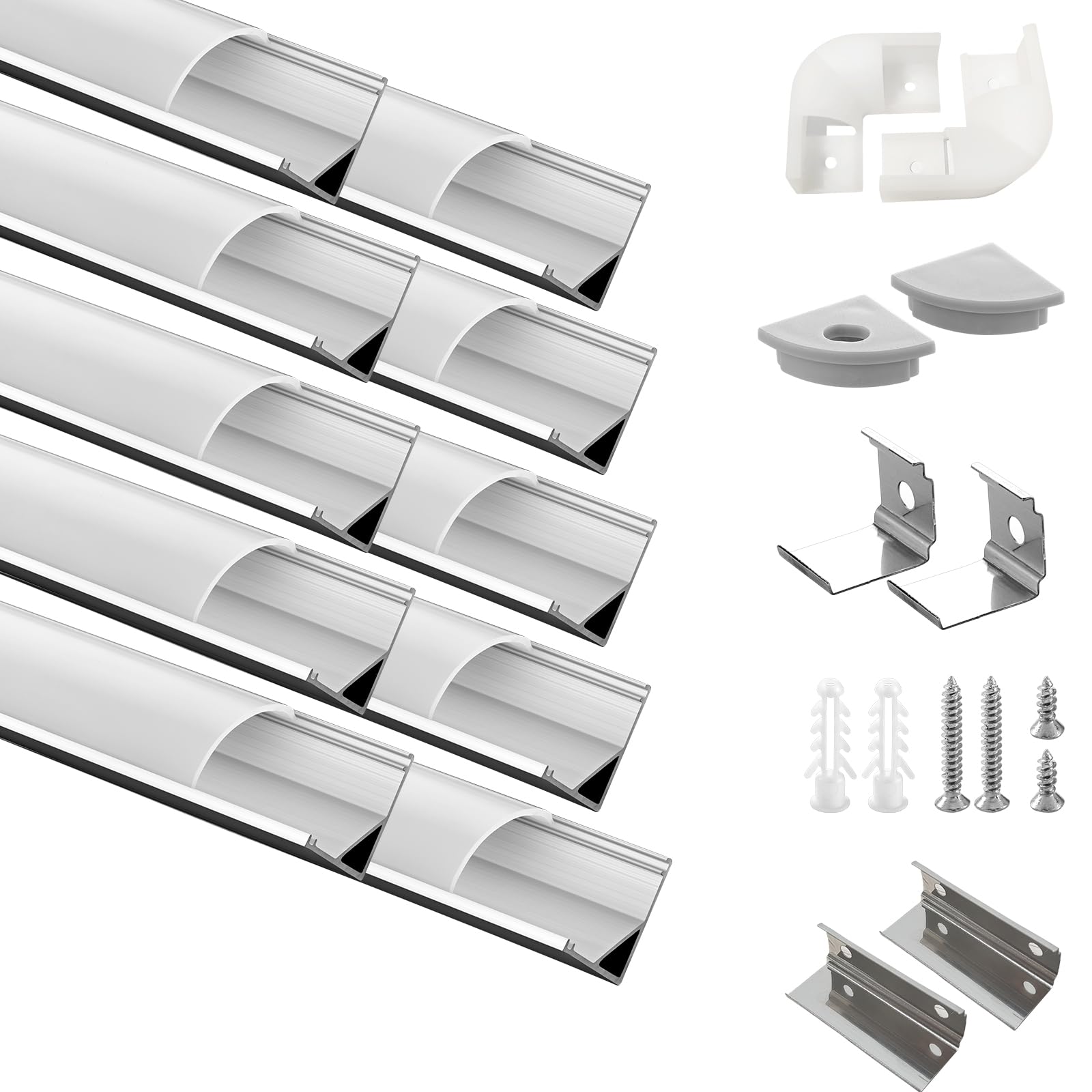 Efishine Pack de 10 Perfiles LED de Aluminio de 10 x 1 m, Perfiles de Aluminio en Forma de V con Cubierta Láctea, Tapas Finales y Soporte de Montaje para Tiras, Muy Fácil Instalación