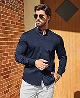 Vista 3 de COOFANDY Camisas de vestir para hombre, con cuello de banda, manga larga, casuales, con botones