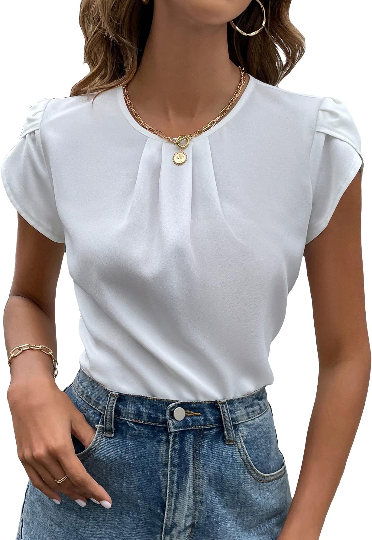 MilumiaWomen's Casual Petal Sleeve Round Neck Pleated Keyhole Button Blouse Shirt Tops