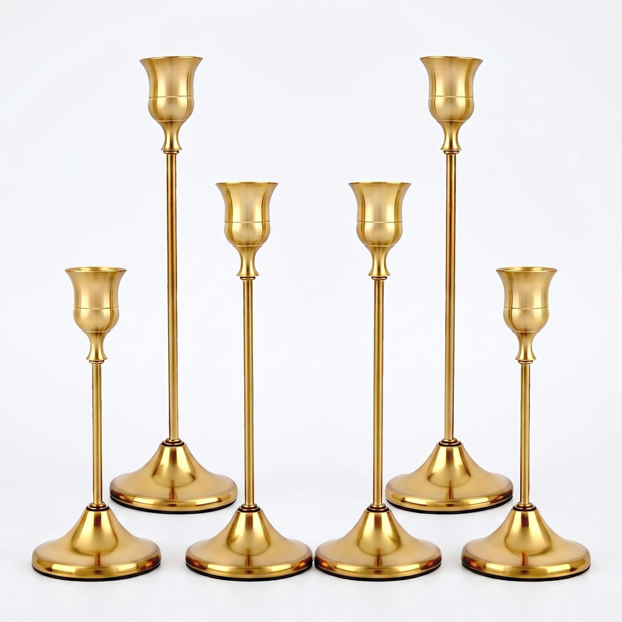 6 Pcs Gold Brass Taper Candle Holders Set – Vintage Metal Candlestick Holder for Table Centrepiece & Mantel Décor, Rustic Candle Sticks for Standard Taper Candles (Up to 0.8" Diameter)