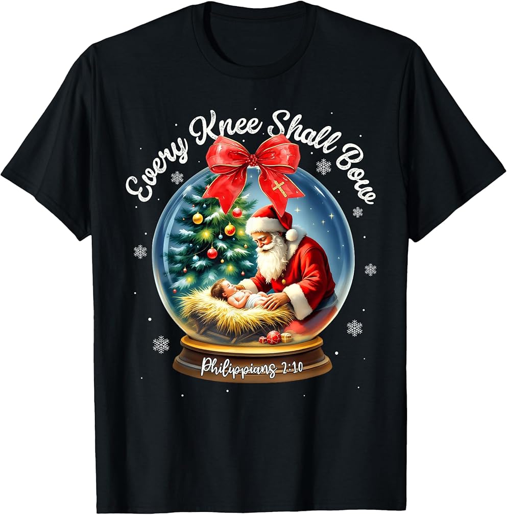 Every Knee Shall Bow Santa Christmas Nativity Scene Xmas T-Shirt