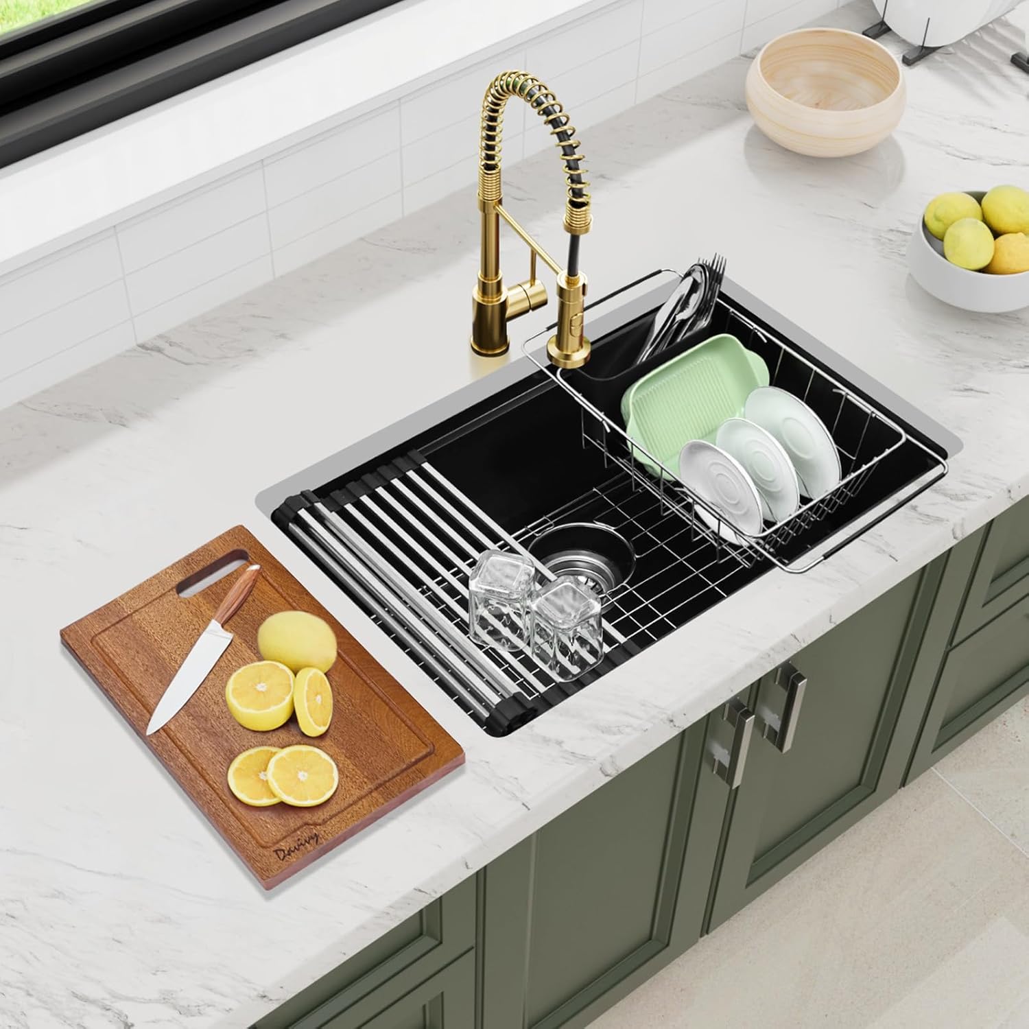Davivy 27 Inch Black Granite Kitchen Sink Workstation, 27 x 18 Black Undermount/Drop In Kitchen Sink, Deep Quartz Composite Single Bowl with Accessories