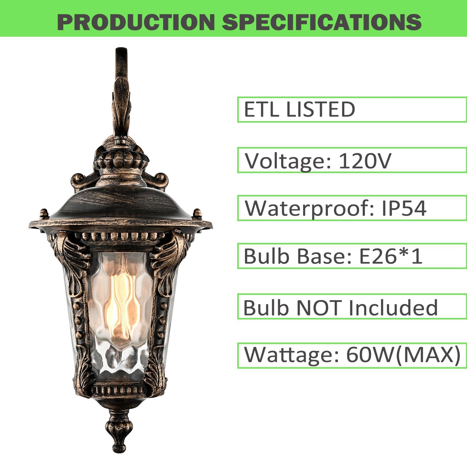 Outdoor Wall Light Fixtures Antique Gold Waterproof Aluminium Wall Lantern Sconce Hammered Glass Outside Porch Light IP54 Exterior Wall Sconce for Porch Yard Foyer Front Door
