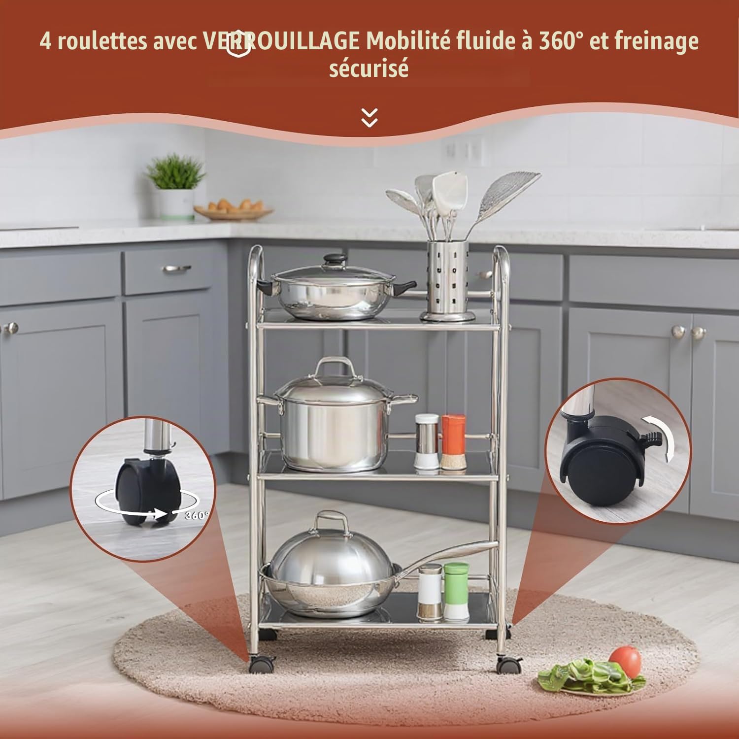 Chariot Industriel INOX - 3 Niveaux avec Roues Freinées | Étagère Métallique pour Cuisine Professionnelle