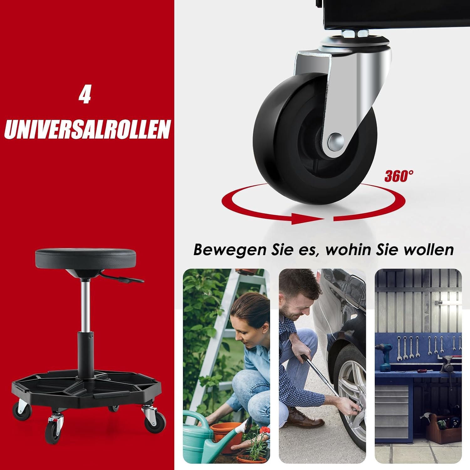 FANATSK Adjustable Roller Seat, 41-55 cm Height Adjustable, Rolling Stool with Shelf & 4 Universal Wheels, Work Stool with Shelf & 4 Universal Wheels for Tools, Black