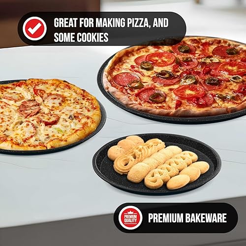 Vista 19 de BAKKENMASTER Bakken Swiss Pizza - Juego de 3 bandejas para pizza, revestimiento de cerámica gris, antiadherentes, redondas de acero, aptas