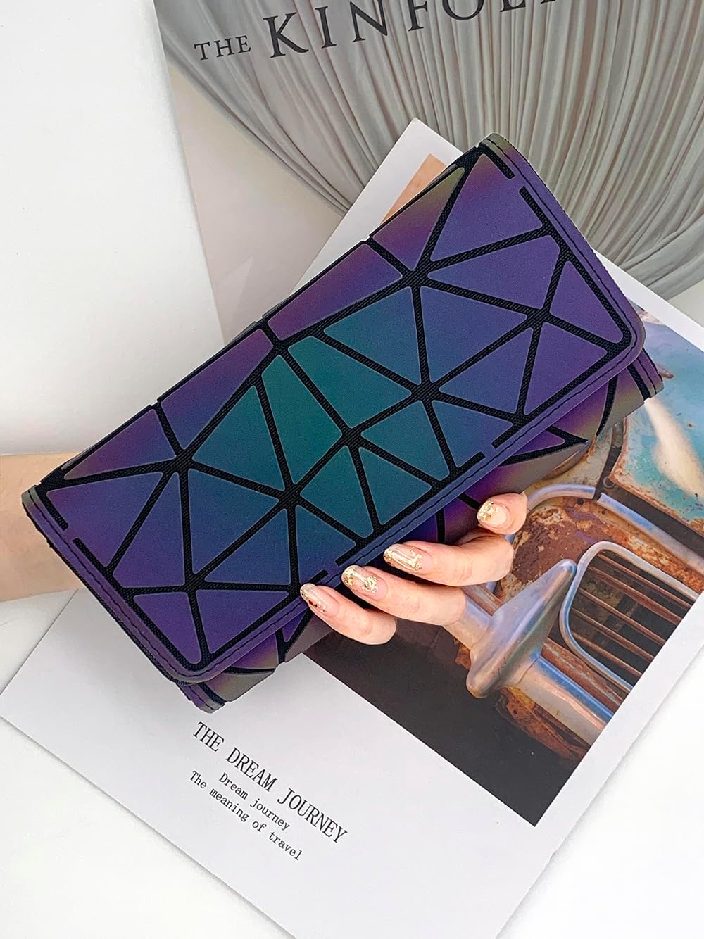 Geometric Luminous Wallet for Women Holographic Reflective Clutch Purse with 3 Folds and Snap Button - Image 6