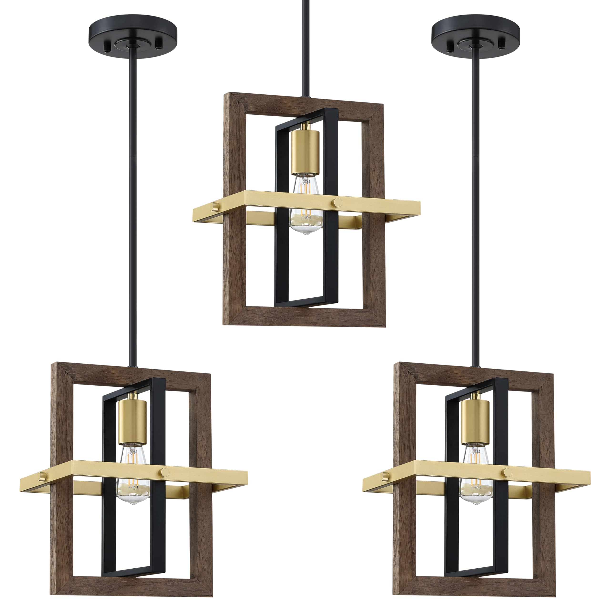 3 Pack 1 Light Farmhouse Hanging Light Gold Pendant Light Fixture Rustic Kitchen Island Wood Metal Lantern Shade with Black Metal Frame for Over Sink Dinning Room Bedroom