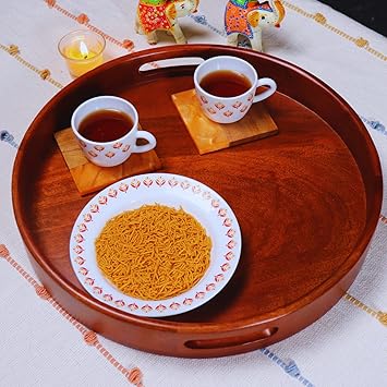 Handcrafted Natural Finish Round Wooden Serving Tray, Decorative Items for Kitchen Decor | Tray for Kitchen Organizer, Wooden Serving Platter - 1 Pc (40.5 x 40.5 x 5 cm, Brown)