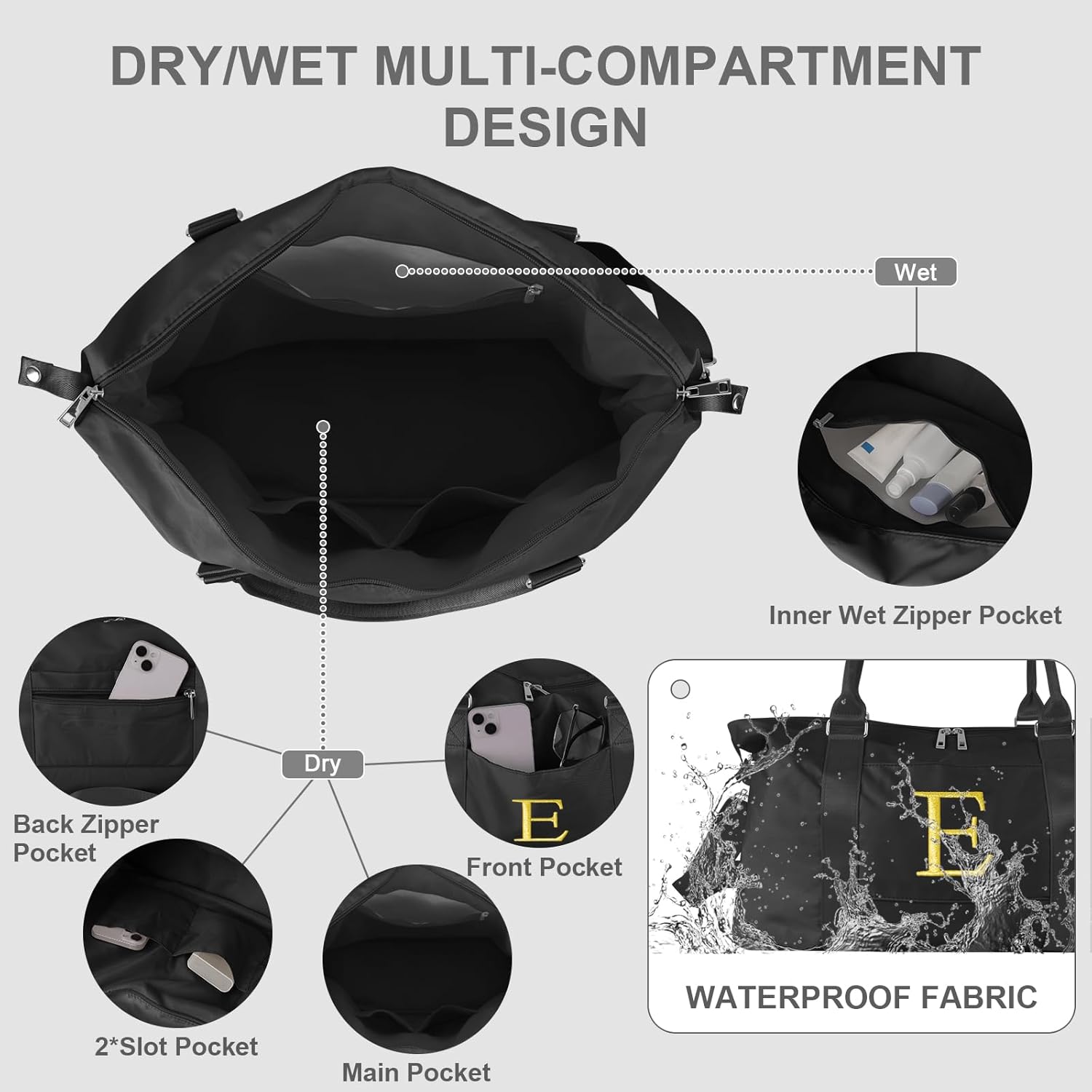 Personalized Initial Gym Dance Bag, Travel Duffel Bag for Teen Girls, Carry On Bag Overnight Weekender Bag with Trolley Sleeve, Birthday Gifts for Women Mom Daughter Graduation Gift(Letter E, Black) - Image 4